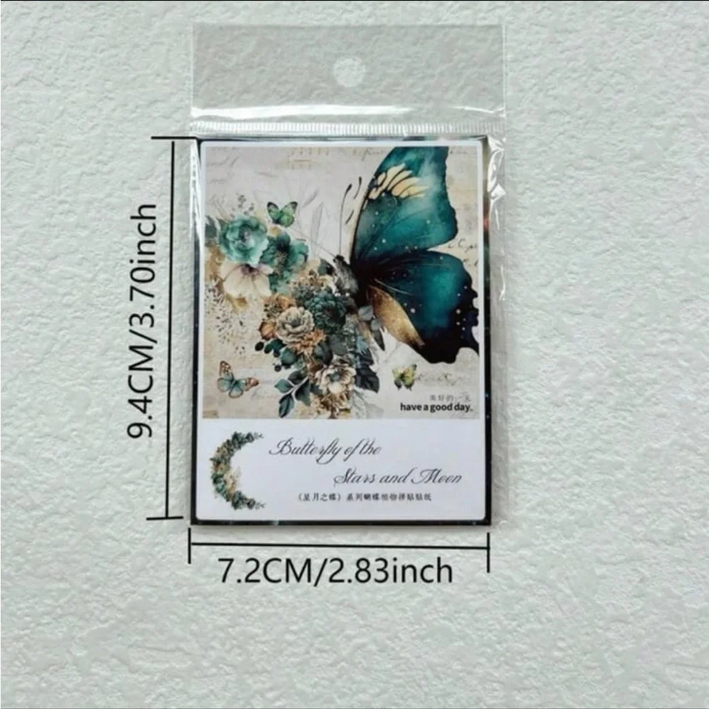 New! Blue, Green, & Teal Butterfly & Floral Moon Transparent Stickers Set of 30